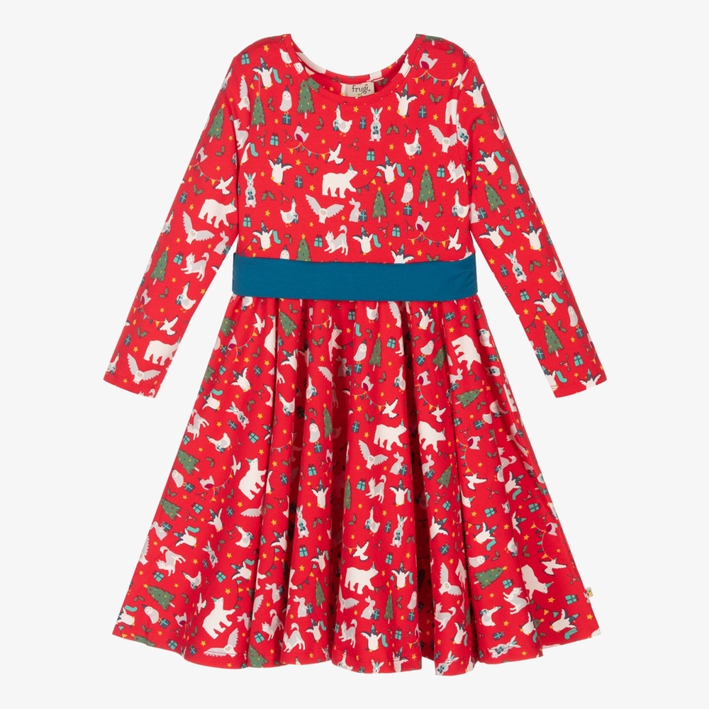 Frugi Red Christmas Winter Print Skater Dress Twirly Long Sleeve Novelty